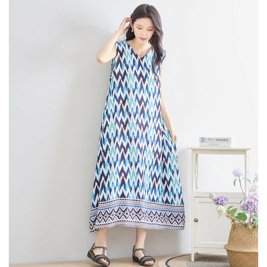【L〜LL】ジグザグジオメトリック柄ノースリーブワンピース(N82-207A)|夏映え×楽ちん体型カバー