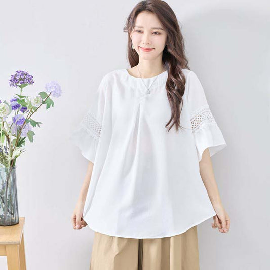 【体型カバー×高見え】ポイントレース袖チュニックブラウス|ゆったりM〜L対応・通勤&大人カジュアルに最適(C31-1764A)