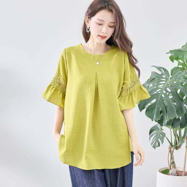 【体型カバー×高見え】ポイントレース袖チュニックブラウス|ゆったりM〜L対応・通勤&大人カジュアルに最適(C31-1764A)