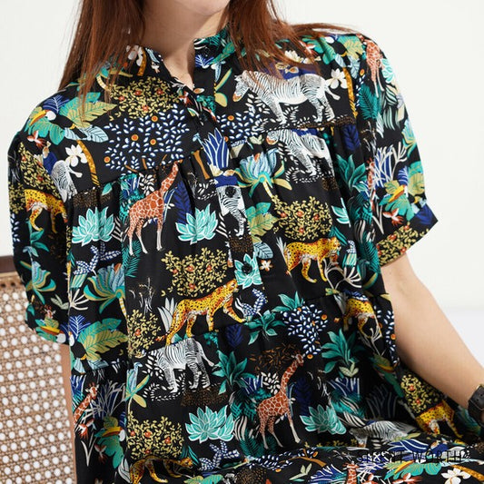 【M】アニマル柄ティアードロングワンピース|ヘンリーネック・体型カバー R-4213