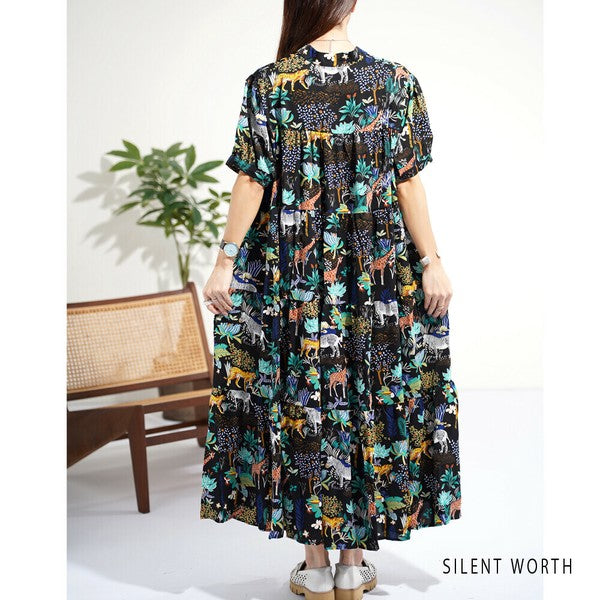 【M】アニマル柄ティアードロングワンピース|ヘンリーネック・体型カバー R-4213