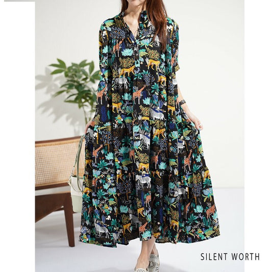 【M】アニマル柄ティアードロングワンピース|ヘンリーネック・体型カバー R-4213