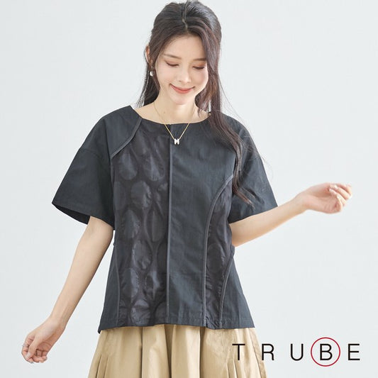 【M〜L】異素材ドッキングアートカットソー|サークル柄切替・モノトーン・半袖・N12-538