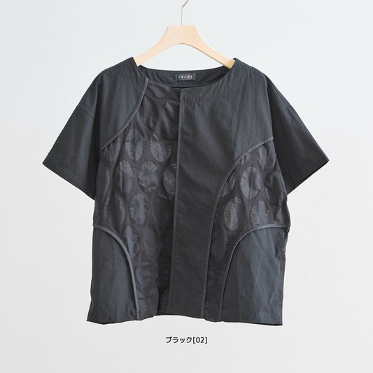 【M〜L】異素材ドッキングアートカットソー|サークル柄切替・モノトーン・半袖・N12-538