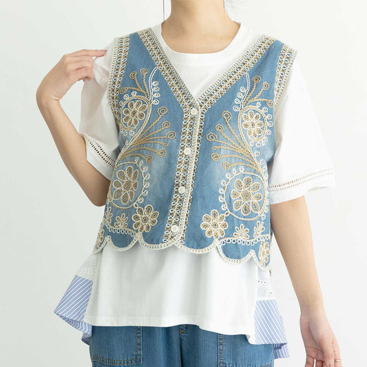 【M〜L】デニム刺繍ベスト(C18155V)|ナチュラル可愛い×立体刺繍×コーデ映え