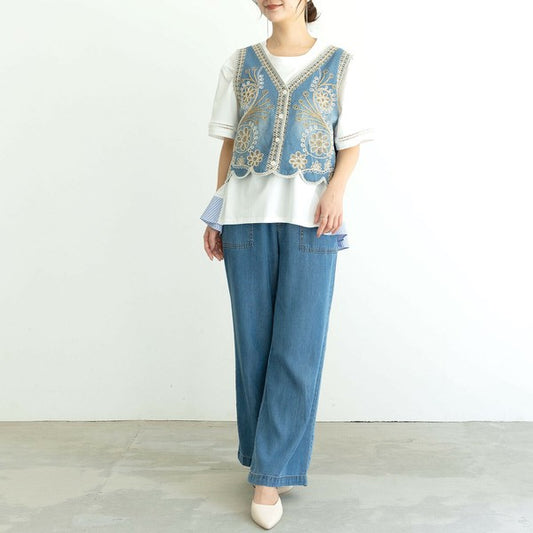 【M〜L】デニム刺繍ベスト(C18155V)|ナチュラル可愛い×立体刺繍×コーデ映え