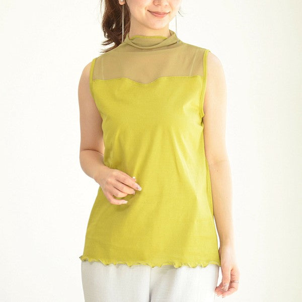 マスタードカラー D16039 シアーネックノースリーブ モデル正面