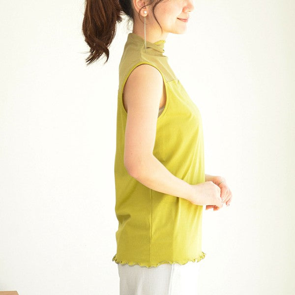 マスタード D16039 ノースリーブトップス モデル全身着用 ゆったりシルエット横向き