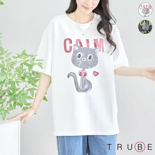 【L〜LL】スパンコールロゴ黒猫プリントTシャツ(N12-521)|光りを放つ大人可愛いデザイン