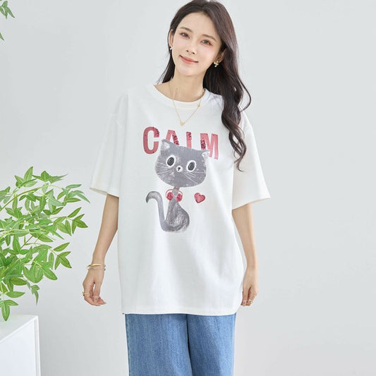 【L〜LL】スパンコールロゴ黒猫プリントTシャツ(N12-521)|光りを放つ大人可愛いデザイン