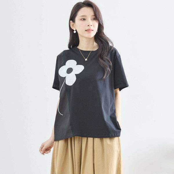 【M〜L】フラワーモチーフ切替Tシャツ(N12-542)|大人の可愛さ×ゆったり着心地