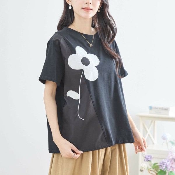 【M〜L】フラワーモチーフ切替Tシャツ(N12-542)|大人の可愛さ×ゆったり着心地