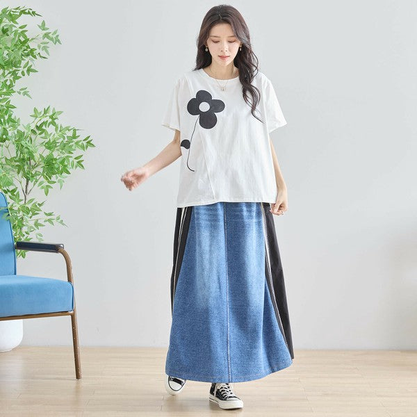 【M〜L】フラワーモチーフ切替Tシャツ(N12-542)|大人の可愛さ×ゆったり着心地