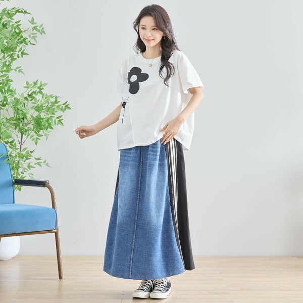 【M〜L】フラワーモチーフ切替Tシャツ(N12-542)|大人の可愛さ×ゆったり着心地