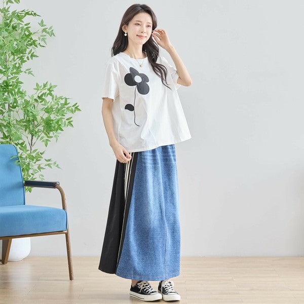 【M〜L】フラワーモチーフ切替Tシャツ(N12-542)|大人の可愛さ×ゆったり着心地