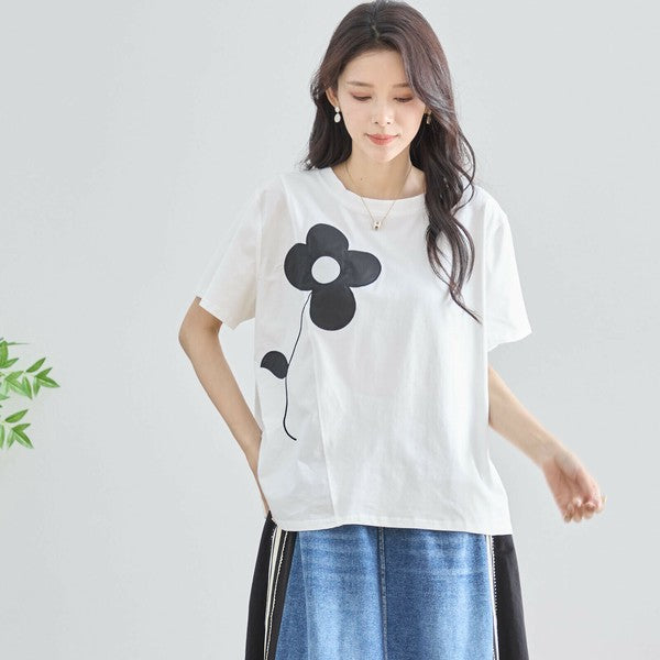 【M〜L】フラワーモチーフ切替Tシャツ(N12-542)|大人の可愛さ×ゆったり着心地