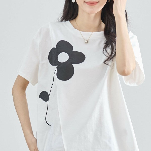 【M〜L】フラワーモチーフ切替Tシャツ(N12-542)|大人の可愛さ×ゆったり着心地