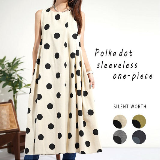 【M】大判ドット×シャーリング ノースリーブワンピース|体型カバー・ジャンスカ対応・夏・N-313
