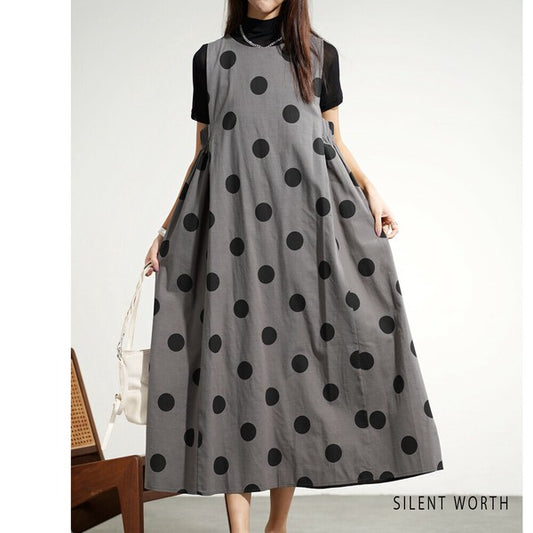 グレー 大判ドット柄 ノースリーブ マキシ ワンピース M ゆったり ジャンスカ