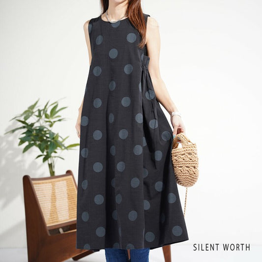 【M】大判ドット×シャーリング ノースリーブワンピース|体型カバー・ジャンスカ対応・夏・N-313