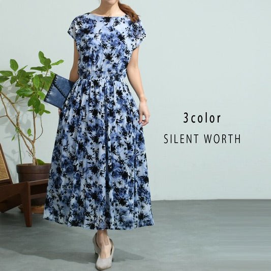 【Mサイズ】チュール×花柄フロッキープリントワンピース|上品・体型カバー・夏コーデ・Z-109