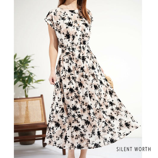 【Mサイズ】チュール×花柄フロッキープリントワンピース|上品・体型カバー・夏コーデ・Z-109