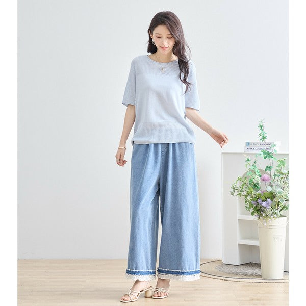 【M〜L】裾レース切替デニムライクガウチョパンツ(N52-090A)|涼やかワイド×ナチュラル可愛い