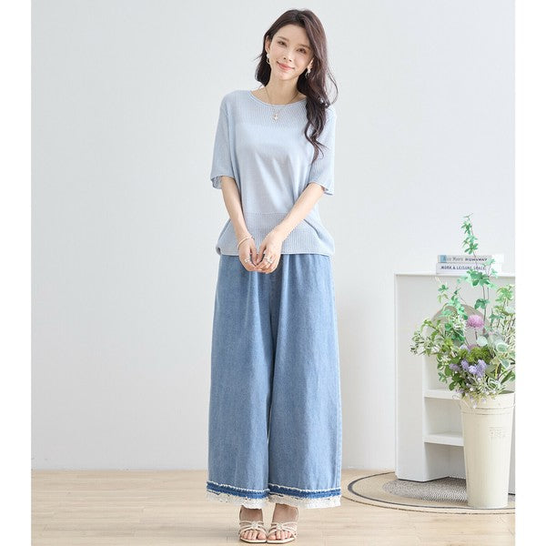 【M〜L】裾レース切替デニムライクガウチョパンツ(N52-090A)|涼やかワイド×ナチュラル可愛い