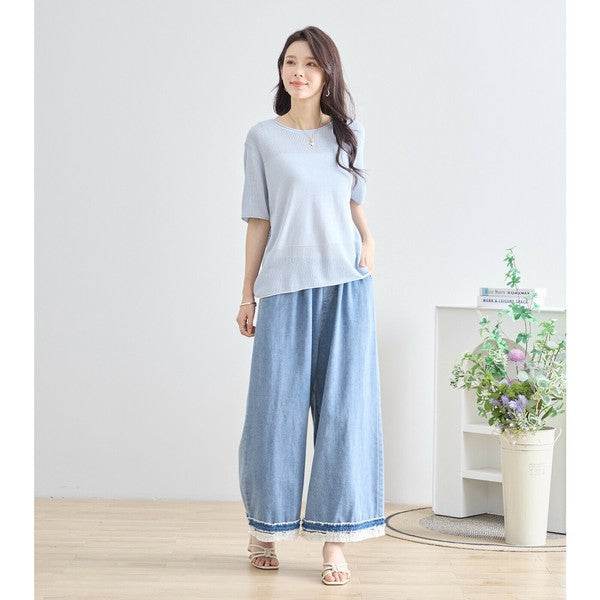 【M〜L】裾レース切替デニムライクガウチョパンツ(N52-090A)|涼やかワイド×ナチュラル可愛い