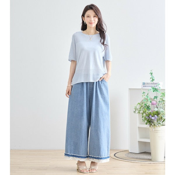 【M〜L】裾レース切替デニムライクガウチョパンツ(N52-090A)|涼やかワイド×ナチュラル可愛い