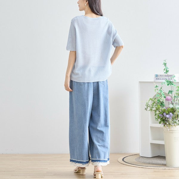 【M〜L】裾レース切替デニムライクガウチョパンツ(N52-090A)|涼やかワイド×ナチュラル可愛い