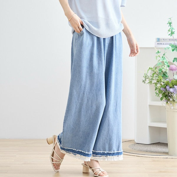 【M〜L】裾レース切替デニムライクガウチョパンツ(N52-090A)|涼やかワイド×ナチュラル可愛い