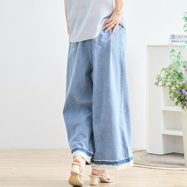 【M〜L】裾レース切替デニムライクガウチョパンツ(N52-090A)|涼やかワイド×ナチュラル可愛い