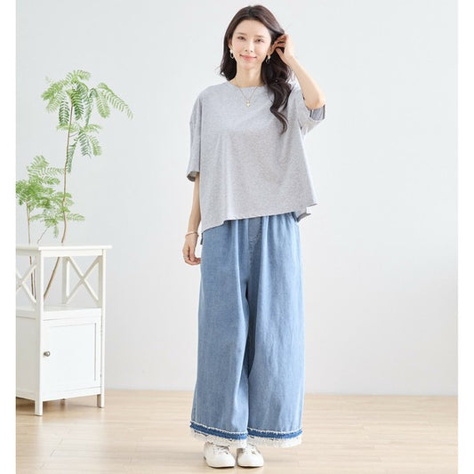 裾レース切替 デニムライク ガウチョパンツ ワイドパンツ ウエストゴム 綿100%