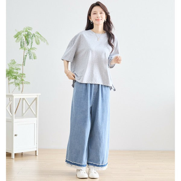 【M〜L】裾レース切替デニムライクガウチョパンツ(N52-090A)|涼やかワイド×ナチュラル可愛い