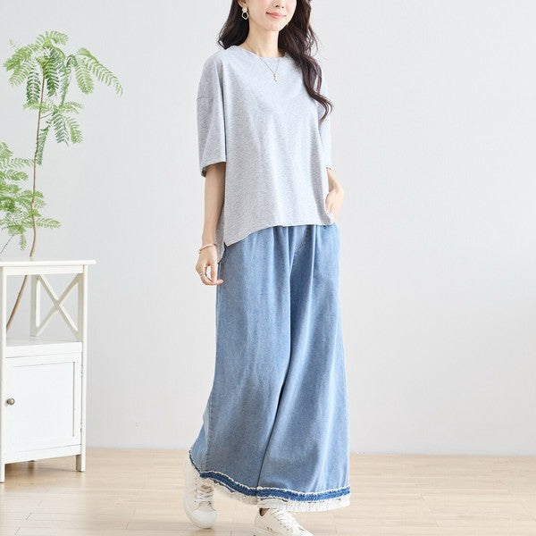 【M〜L】裾レース切替デニムライクガウチョパンツ(N52-090A)|涼やかワイド×ナチュラル可愛い
