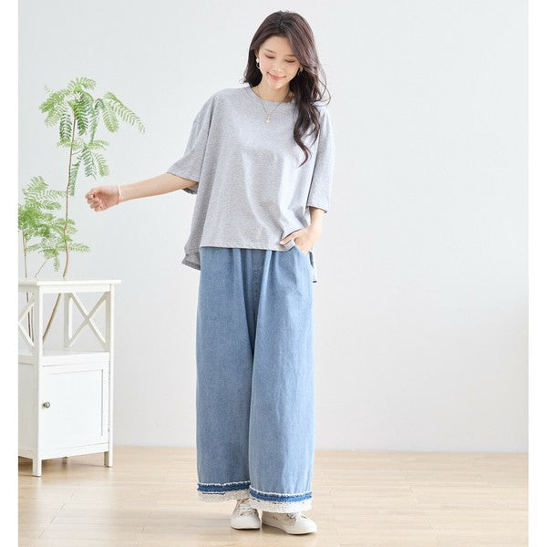 【M〜L】裾レース切替デニムライクガウチョパンツ(N52-090A)|涼やかワイド×ナチュラル可愛い