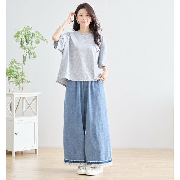 【M〜L】裾レース切替デニムライクガウチョパンツ(N52-090A)|涼やかワイド×ナチュラル可愛い