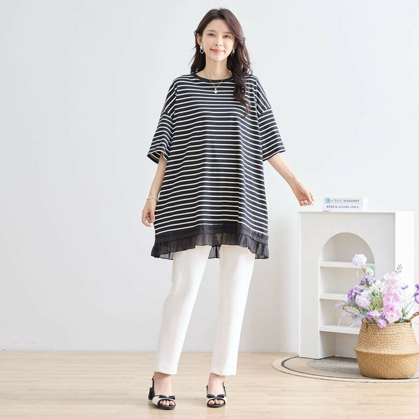 【L〜LL】裾フリル付きボーダーチュニック 半袖 ゆったりカットソー コットン混