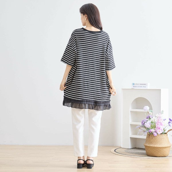 【L〜LL】裾フリル付きボーダーチュニック 半袖 ゆったりカットソー コットン混