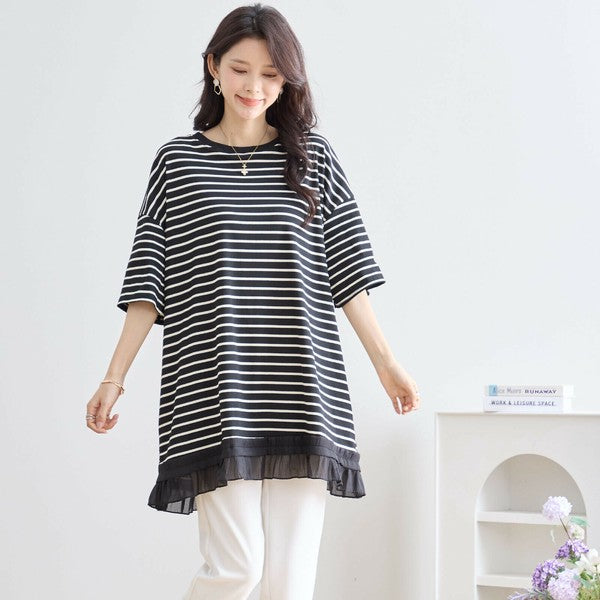 【L〜LL】裾フリル付きボーダーチュニック 半袖 ゆったりカットソー コットン混
