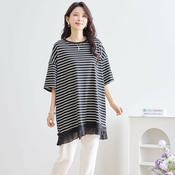 【L〜LL】裾フリル付きボーダーチュニック 半袖 ゆったりカットソー コットン混