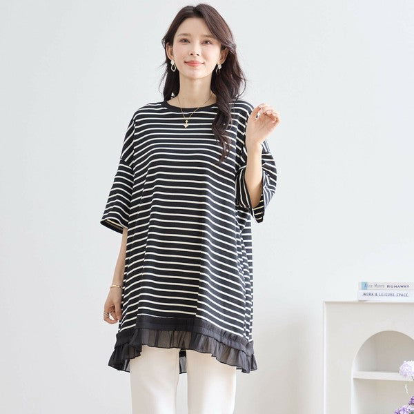 【L〜LL】裾フリル付きボーダーチュニック 半袖 ゆったりカットソー コットン混