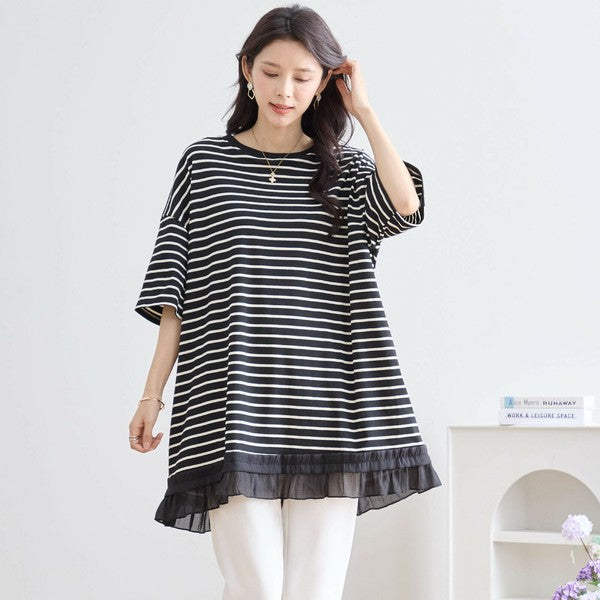 【L〜LL】裾フリル付きボーダーチュニック 半袖 ゆったりカットソー コットン混