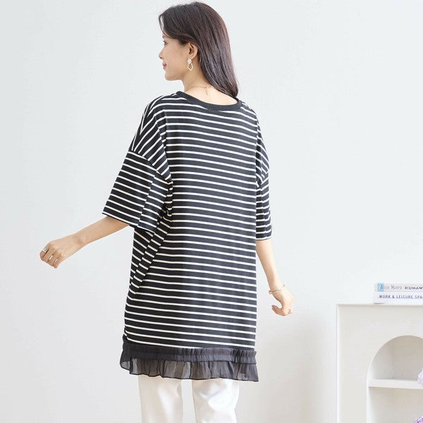 【L〜LL】裾フリル付きボーダーチュニック 半袖 ゆったりカットソー コットン混