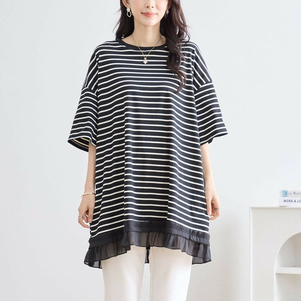 【L〜LL】裾フリル付きボーダーチュニック 半袖 ゆったりカットソー コットン混