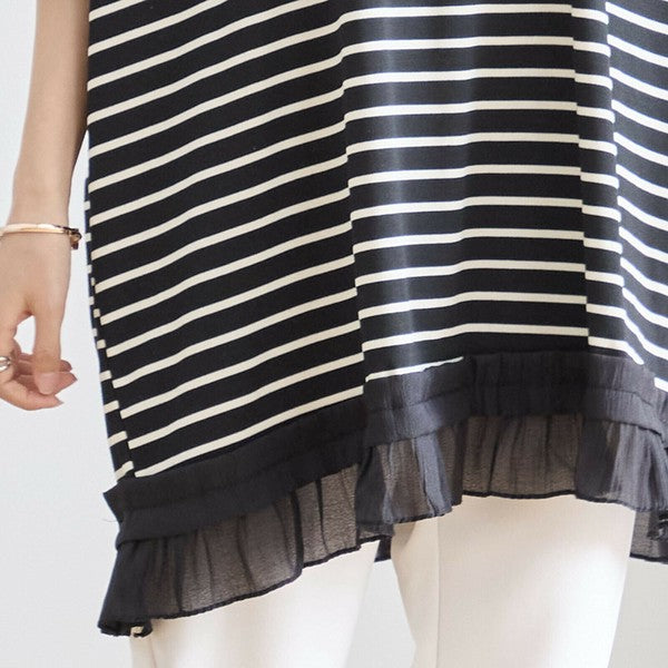 【L〜LL】裾フリル付きボーダーチュニック 半袖 ゆったりカットソー コットン混
