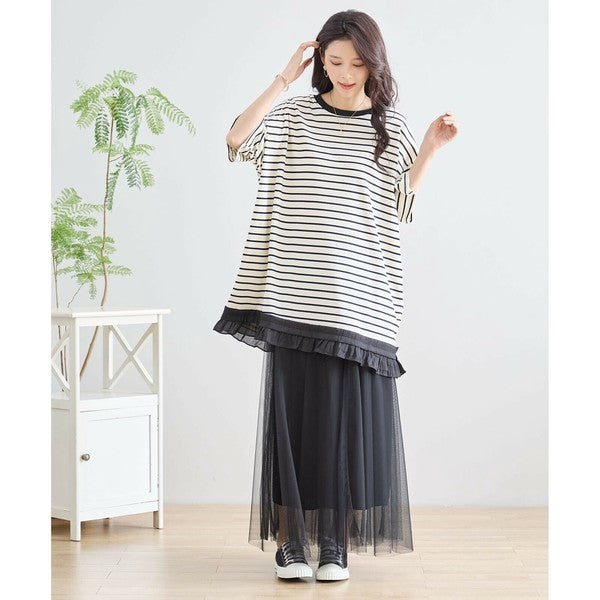 【L〜LL】裾フリル付きボーダーチュニック 半袖 ゆったりカットソー コットン混