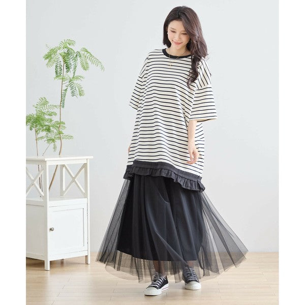 【L〜LL】裾フリル付きボーダーチュニック 半袖 ゆったりカットソー コットン混