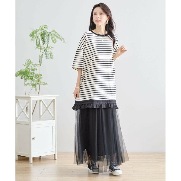 【L〜LL】裾フリル付きボーダーチュニック 半袖 ゆったりカットソー コットン混